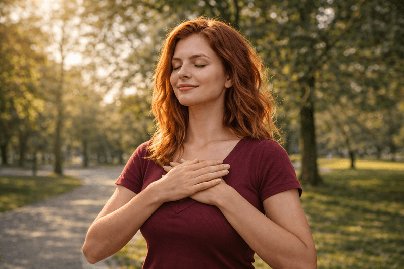 Mujer con respiración consciente y manos en el pecho en un parque al atardecer